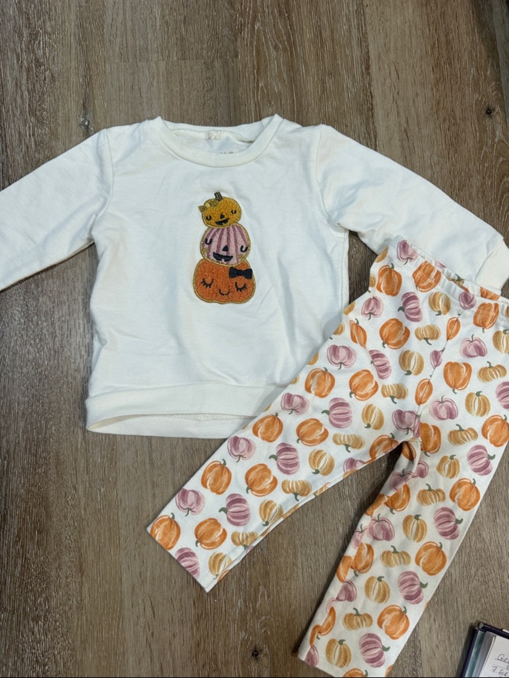 chick pea Cream Toddler Top with Gold stacking pumpkins with pants - fall outfit
